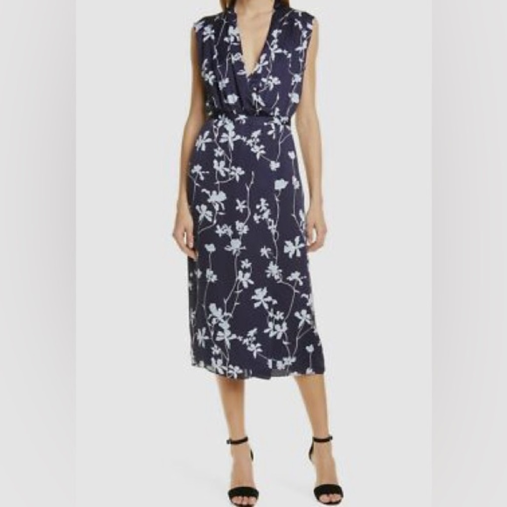 Equipment V Neck Femma Floral Sleeveless Midi Wrap Dress in Navy Size Small
